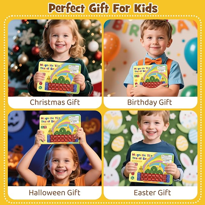 Mini Magnetic Tiles for Kids Ages 4-8, 40PCS Portable Travel Toys with Visual Storage Guide & Metal Storage Box, Compact Magnetic Building Blocks for Toddlers 3-5 Travel Activities