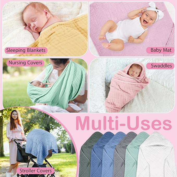 Peryiter 6 Pcs Muslin Hooded Baby Towels, 32"x 32" Cotton Newborn Bath Towel Muslin Infant Baby Blankets Absorbent Unisex Newborn Registry Gift Essentials for Girls Boys (Light Color Series)