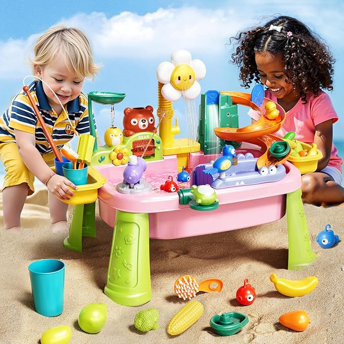 Water Table Play Sink Toys for Toddlers, Kids Play Kitchen Sink with Running Water, 360° Electric Faucet, Floating Fishing Game, Sensory Water Table Toys for Boys Girls Summer Gifts - Pink