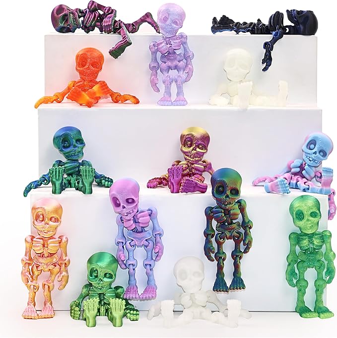 14 pcs 3D Printed Skeleton Figurines, Colorful 3.15 Inch Halloween Decorations, Fun Spooky Skull Toys for Desk, Party, or Shelf Display