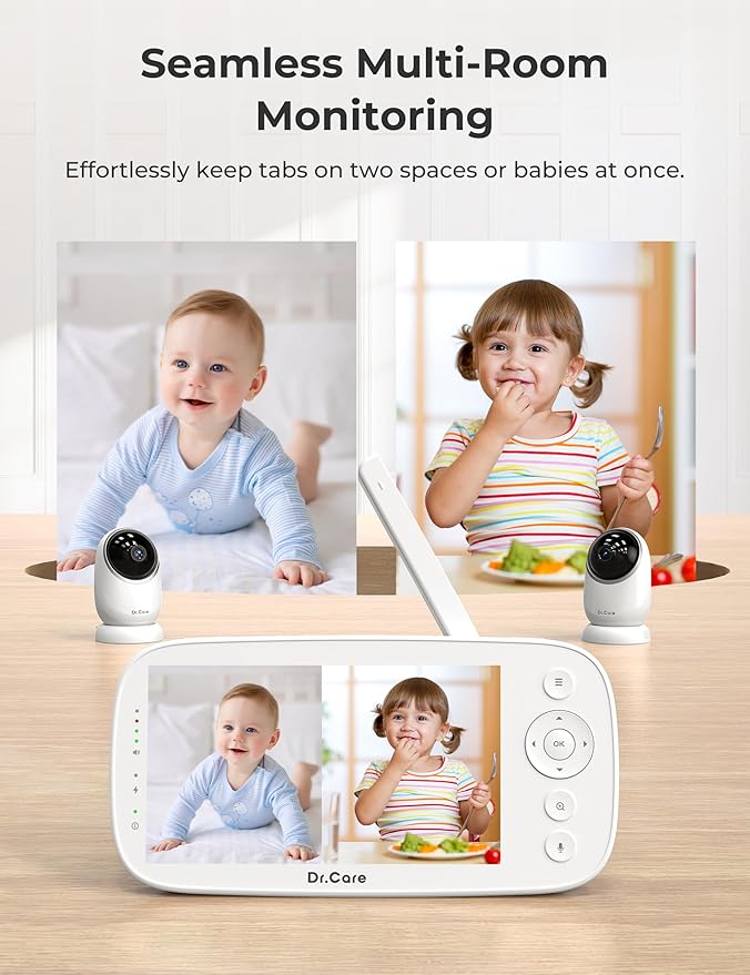 Dr.Care NovaView Video Baby Monitor with 2 Cameras - 5" 1080P Split Screen Display, 5000mAh Battery, Night Vision, Real-Time/VOX, 2X/4X Zoom, Pan & Tilt, 1000ft Range, 2-Way Audio, No WiFi