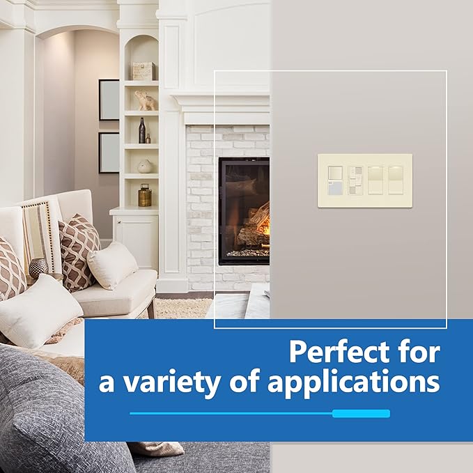 LIDER Matte Finish Decorator Switch Cover, Screwless Wall Plate, Mid-Size 4-Gang 4.88" x 8.58", Unbreakable Polycarbonate Thermoplastic, UL Listed, LSWP-34M-LA, Light Almond