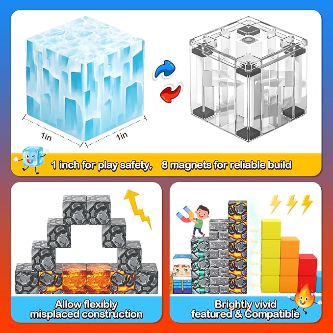 Large Magnetic Blocks 110PCS Ice Fire World Inspired Playset Kids Magnet Toys 1 inch Building Cubes Magworld Add-on Building Craft Sensory Toys Game Gifts for Kids Ages 3-5 4-6 5-7 8-12