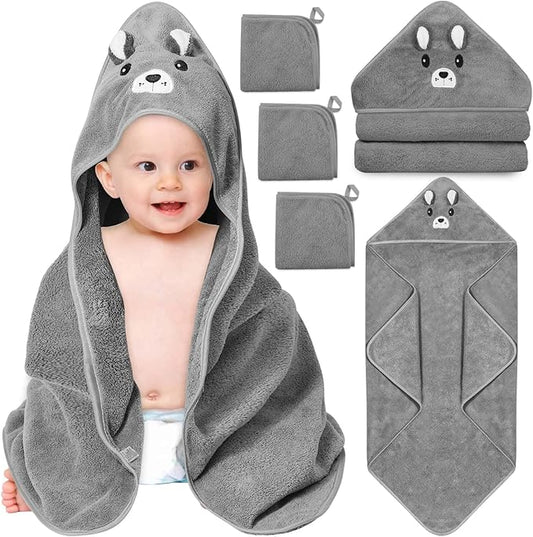 4 PCS Hooded Baby Towels, Soft Baby Towel, Absorbent Baby Bath Towel, Baby Towels and 3 PCS Baby Washcloths for Newborns, Toddlers, and Kids, 32x32 in Baby Towel with Hood for Boy and Girl (Gray Bear)