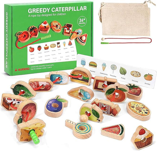 2025 New Upgrade Wooden Greedy Caterpillar Rope Toy,Greedy Caterpillar Lacing Toy,Threading Toys,2.5 in Fruit & Vegetable Caterpillar Lacing Bead String Game for 3+ Year Old