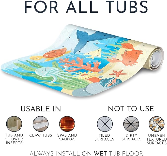 Homerella Baby Bath Tub Mat | Anti Mold Mildew Resistant Non Slip Kids and Adult Bath Tub Shower Mats | 40x16 inch Long with Suction Cups for Secure Grip Hooks for Storage & Drying | Machine Washable