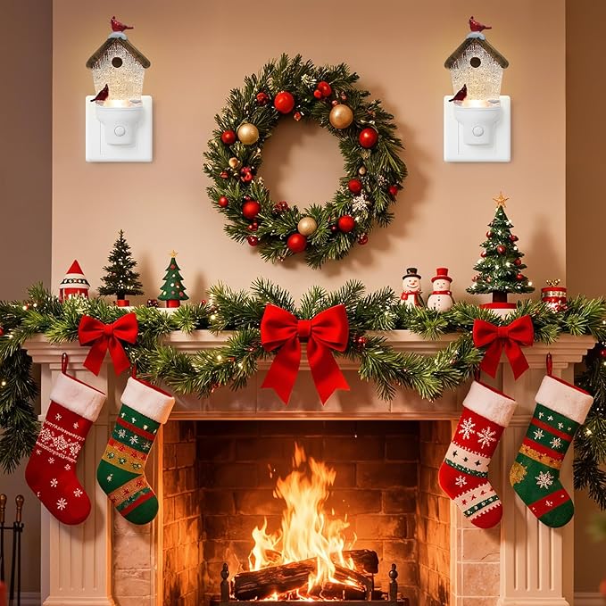 2 Pack Christmas Birdhouse Night Light Plug into Wall Glitter Water Nightlight with USB/Outlet Options, Christmas Decorative Nightlight for Bedroom Kitchen Holiday Decorations Gifts (Birdhouse)