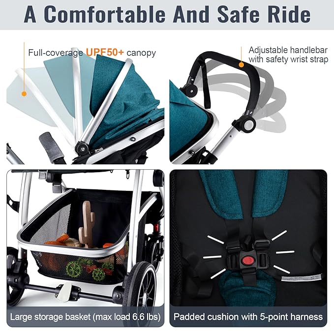 Baby Stroller, 2-in-1 Reversible Toddler Seat with Bassinet Mode, Foldable Infant Stroller with Canopy, One Button Brake, Adjustable Handle, Newborn Pushchair(Blue)