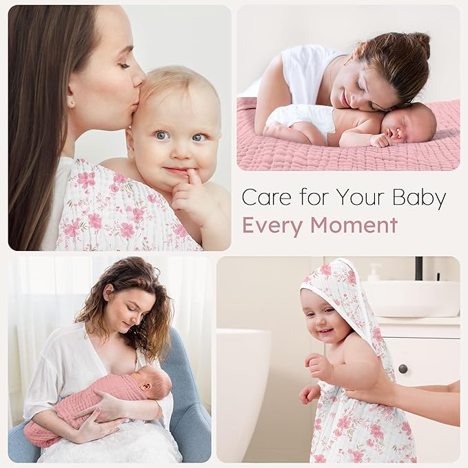 Looxii Baby Bath Towels 2 Pack Muslin Hooded Baby Towels for Newborn and Infants, 100% Cotton, Large 32x32Inch, Soft and Absorbent Pink+Flowers