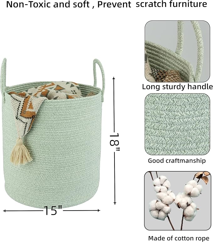Cotton Rope Laundry Basket Hamper for Clothes Woven Storage Basket for Living Room Bedroom Boho Tall Rope Baskets for Blanket Toys Pillow Towels Baby Nursery Hamper Bin green