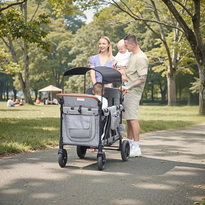 Premium 4-Seater Wagon Stroller for Kids, All-Terrain Heavy Duty Stroller Wagon with 300lb Capacity, 1-Hand Fold, High Seats with 5-Point Harness, Adjustable Canopy & Handlebars, Light Gray