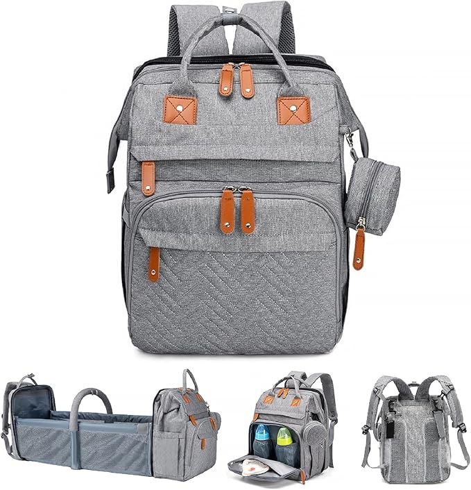 Baby Diaper Bags with Changing Station, Large Capacity Diaper Bag Backpack for Moms Dads with USB Charging Port,Travel Baby Bag with Pacifier Case & Stroller Straps(Up-Grey)