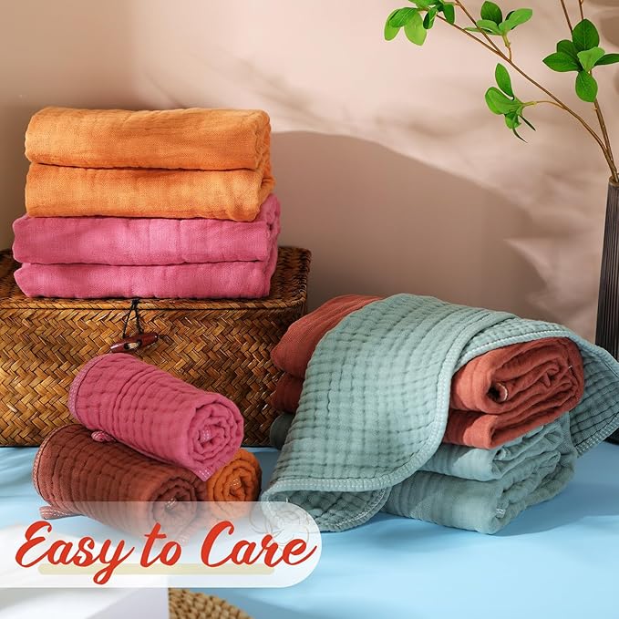 VitalCozy 8 Pcs Baby Muslin Hooded Bath Towels and Washcloths, 32 x 32 Inch Muslin Cotton Hooded Baby Towels Absorbent Blankets for Gift Newborn Infant Shower (Classical Color)