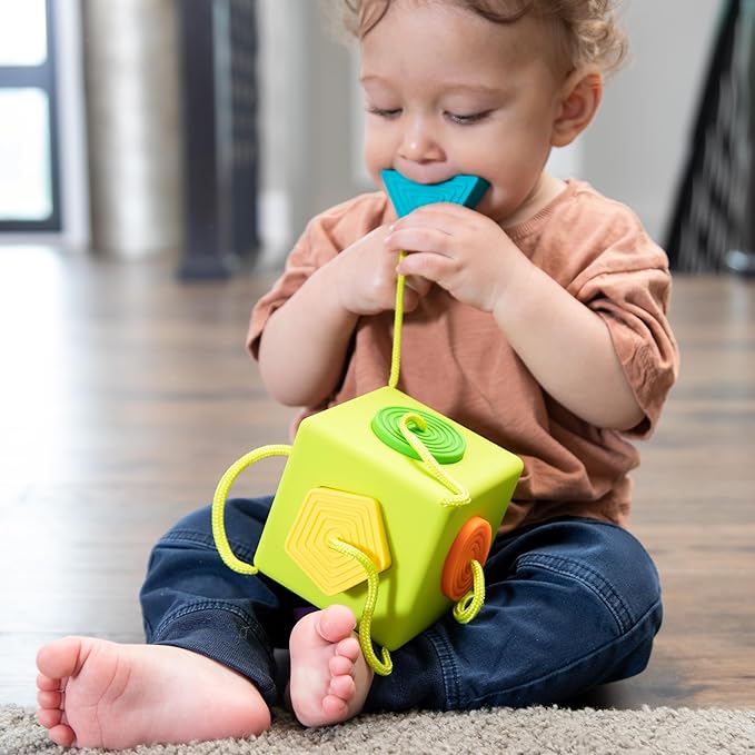 Fat Brain Toys OombeeCube, Toddler and Baby Toys 10 Months and Up, Travel-Friendly Shape Sorter with Tethered Shapes for Early Learning