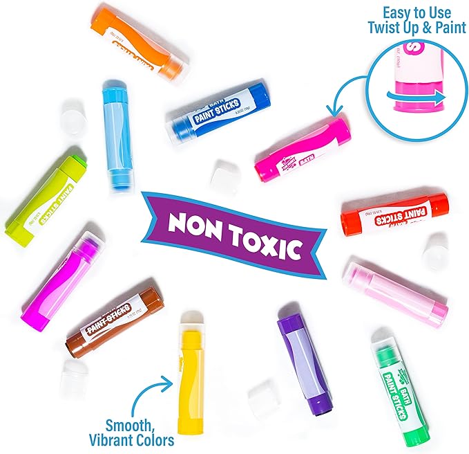 Tub Works® Bath Paint Sticks™ Bath Toy, 12 Count | Nontoxic, Washable Bathtub Paint for Kids & Toddlers | Twistable Sticks Draw Smoothly on Tub Walls | Smooth, Vibrant Alternative to Bath Crayons