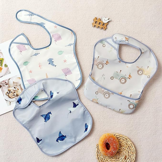 3-Pack Waterproof Baby Bibs for Eating - Lightweight Feeding Bibs, Mess Proof, Baby Essential Must Have for Eating
