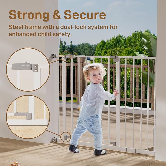 InnoTruth 29.5–40.75" Baby Gate for Stairs, 30" Tall Dog Gates for Doorways & Hallways, Safety Gate for Kids & Pets, Pressure-Mounted Walk-Through with Dual Lock & 2-Way Swing, White