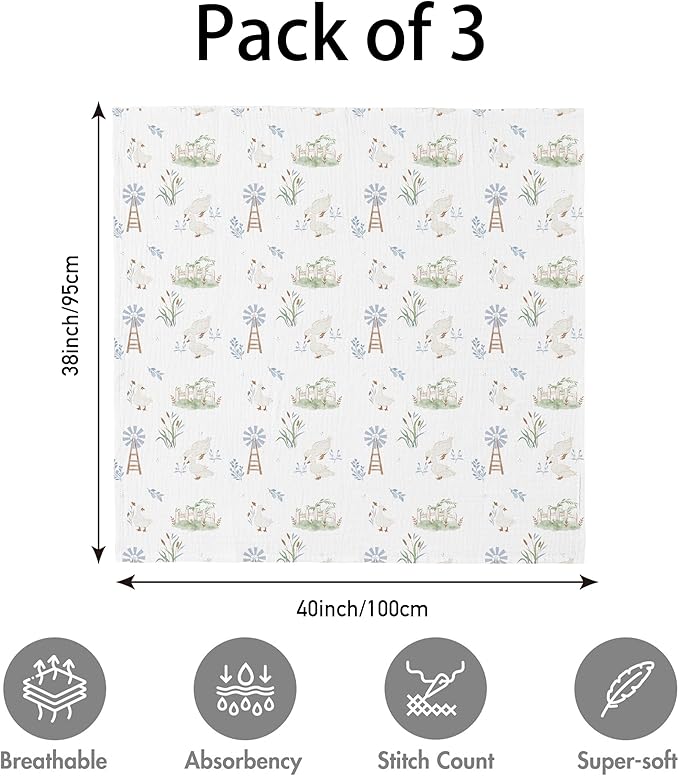 Muslin Swaddle Blankets for Newborn, 3 Pack Breathable Soft Receiving Blanket, Large 38 x 40 inches Swaddle Wrap Burping Clothes Diapers, Essentials Infant Shower Items, Toddler Gift (Cute Country)