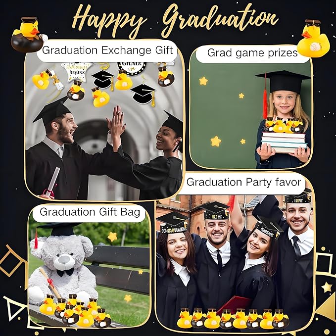 52 Pcs Graduation Rubber Duck 2025 Graduation Diploma Rubber Duckies Grad Cruise Duck Bulk Classroom Reward Prize for Student Bathtub Swimming Pool Theme Party Favors (Black Gold Color)