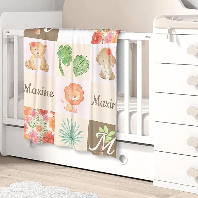 Personalized Baby Blanket for Girls Boys Animals Custom Baby Blanket with Name Swaddle Blanket for Toddlers Infants Kids Shower Newborns Nursery Stroller Crib Decor Throw Birthday Gift