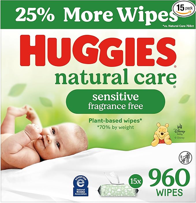 Huggies Natural Care Sensitive Baby Wipes, Unscented, Hypoallergenic, 99% Purified Water, 15 Flip-Top Packs (960 Wipes Total)