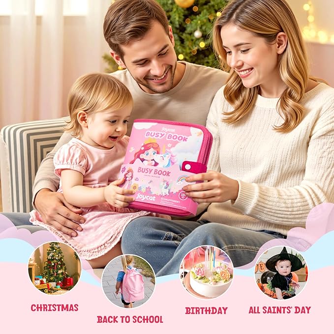 JoyCat Travel Toys for Toddlers 1-3, Princess Busy Book – Busy Book for 1 Year Old, Dress-Up, Unicorn & Castle Play –Quiet Toy Fine Motor Skills, Birthday Gift Girls