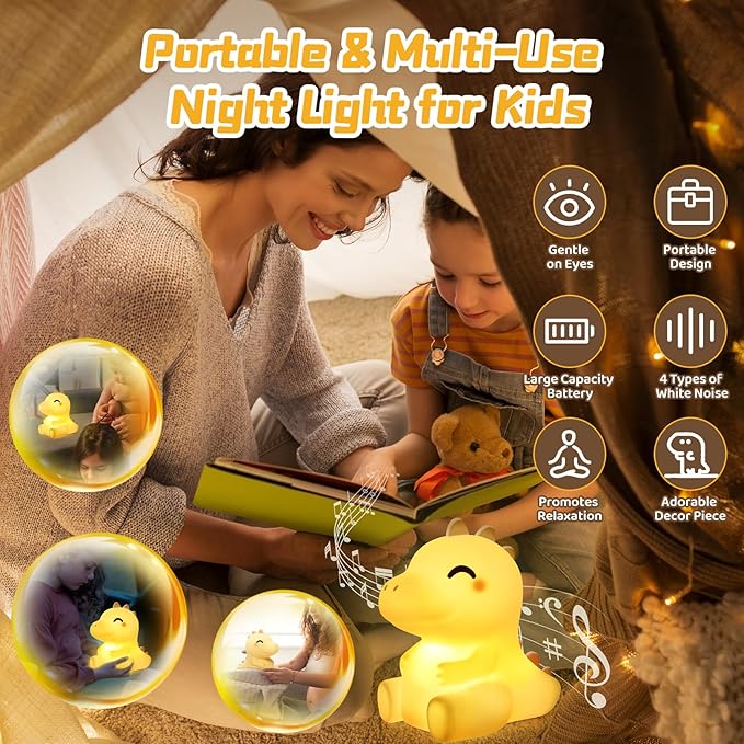 Mewaii Huggwaii Squishy Dinosaur Night Light for Kids, 4 White Noise Dimmable Silicone Kids Night Light, Long Battery Life Rechargeable Dinosaur Lamp,Toddler Nightlight,Boys & Baby Gifts Room Decor