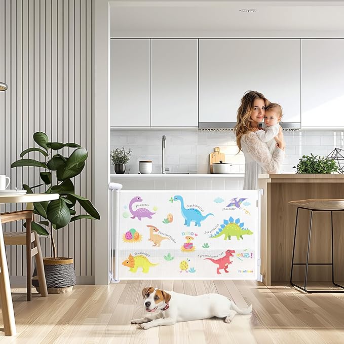 Retractable Baby Gate for Doorways and Stairs, Mesh Safety Gate for Pet, Indoor & Outdoor Use, One-Hand Operation, Easy Installation, 34" Tall, Expands to 55" Wide (Dinosaurs, 34"x55")