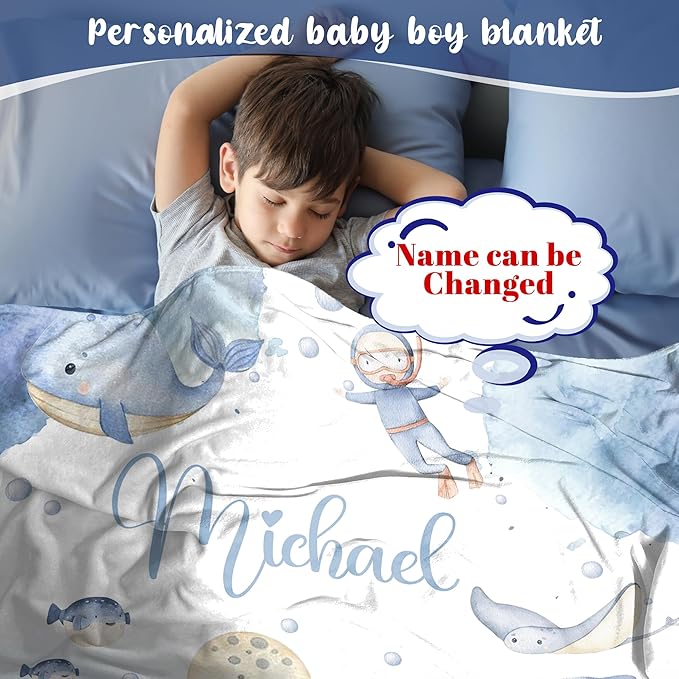 J&SBGFT Personalized Baby Blanket for Boys with Custom Name, Receiving Blanket for Toddlers and Kids' Nursery, Stroller, Crib, Decor and Throw, Undersea