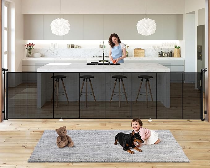 19.7ft Retractable Baby Gates Dog Gate - 236" Extra Wide Expandable Child Safety Gate,37" Tall Toddler Pet Mesh Gate with Reinforced Strips for Doorways,Stairs,Hallways,Outdoor & Indoor Large Openings