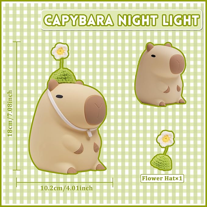 Cute Capybara Night Light, Squishy Animal Flower Lamp with USB Rechargeable Timer Dimmable, Best Nursery Nightlight Home Bedside Decor Birthday Christmas Gift for Kids Women