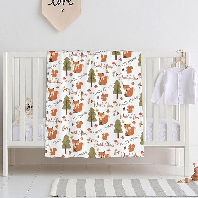 Ship Next Day, Personalized Baby Blanket for Boys Girls - Printed in USA, Custom Name Toddler Blanket with Fox Pattern, Perfect Newborn Gift