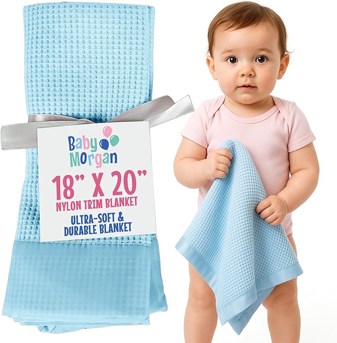 Thermal Waffle Knit Baby Blanket - Soft Breathable Mini Blanket for Newborns and Infants - Toddler Blankey for Strollers, Travel, Naptime, Nursery and More - 18" x 20" (Blue, Nylon Trim)