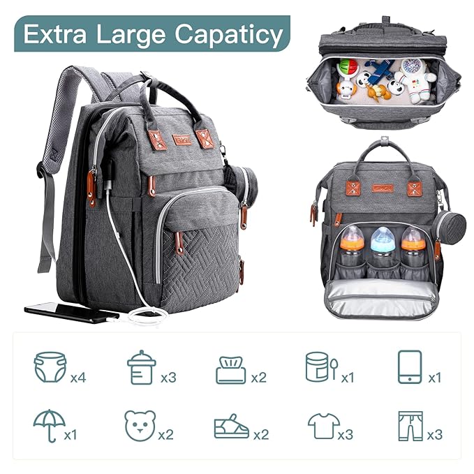Diaper Bag Backpack with Changing Station, Extra Large Diaper Bag, Multifunctional Diaper Bag, Baby Bag, Deep Gray