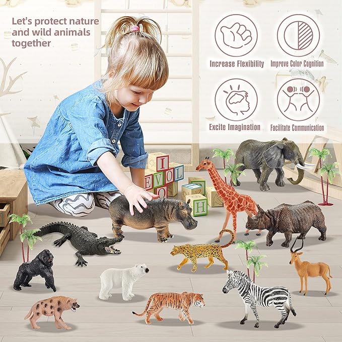 31 Pcs Safari Animals Figures Including 24 Realistic Jungle Playset Toys Zoo Animals for Toddlers 3+ Years Old Ideal Gift for Boys and Girls