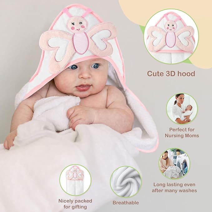Mother's Choice Baby Hooded Towel - Large Size Cotton, Ultra-Soft & Absorbent Bath Towel for Newborns, Infants, Toddlers, Boys & Girls with Animal Hood (Butterfly)