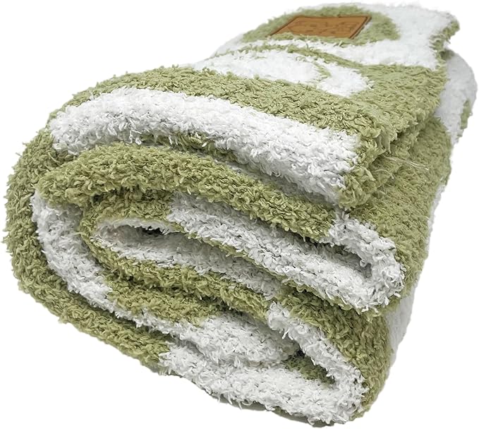 Checkered Smiley Face Baby Blanket 28"x40" - DreamSoft Knit Throw for Crib, Stroller or Car Seat -Receiving Blanket/Newborn Nursery Gift Essential Toddler, Infant, Kids Boys & Girls (Sage Green/White)