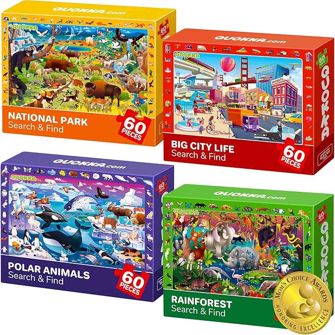 QUOKKA Puzzles for Kids Ages 4-6 - 4 x 60 Puzzles for Toddlers 5-8 - Educational Search & Find Toy for 8-10 yo for Learning Forest Polar, USA National Park Animals & City Life