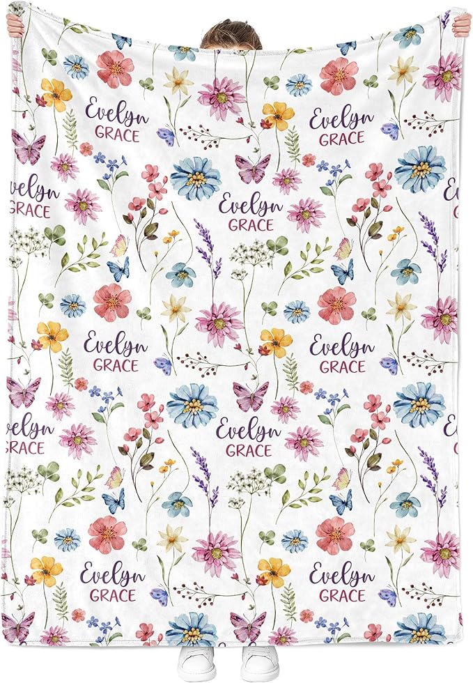 MDPrints Wildflower Custom Baby Blankets for Girls, Personalized Baby Gifts, Customized Newborn Blanket with Name, Minky Plush Fleece (Wildflower TM37)