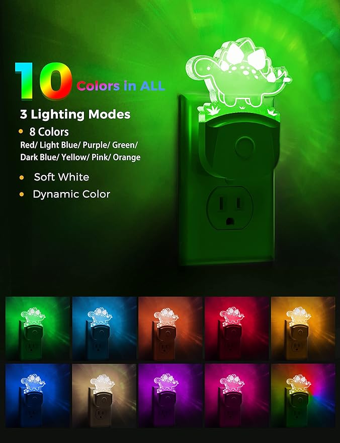 LOHAS Dinosaur Night Light for Boys, Kids Nightlight Plug in, Dusk-to-Dawn, Stegosaurus LED Night Lights Plug into Wall, RGB+Soft White 3000K, 3 Lighting Modes, Ideal for Nursery, Room Decor