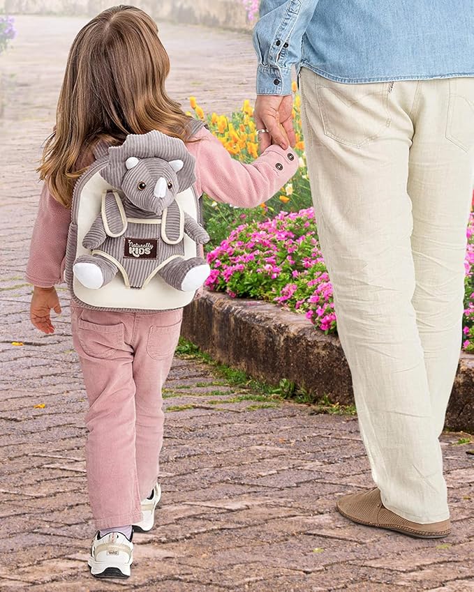 Naturally KIDS Small Dinosaur Backpack - Triceratops Dinosaur Toys for Kids 3-5 - Toddler Backpack for Boys & Girls - Grey Plush Stuffed Animal