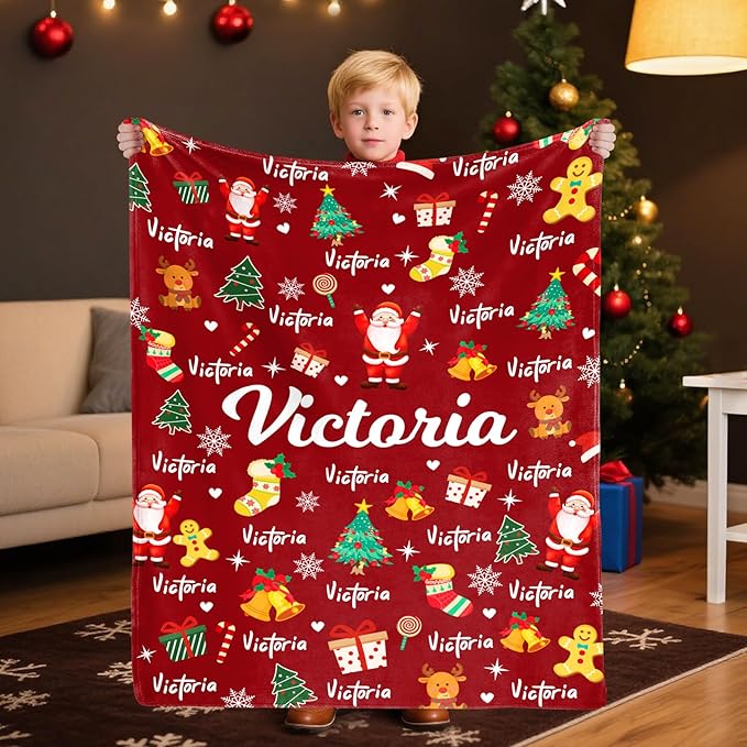 Custom Christmas Blanket with Name,Personalized for Grandkids,Customized Flannel Blankets Throw for Baby Boys Girls