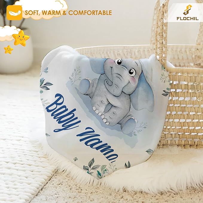 FLOCHIL Personalized Baby Blankets, Custom Baby Blanket - Baby Blanket with Name for Boys, Best Gift for Newborn Elephants Flush Fleece (30x40)