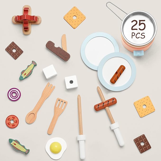 Wooden Campfire Playset – 25-Piece Kids S’Mores & Grill Pretend Camping Kitchen Toy, Glow-Look Fire, Skewers, Pan & Food, STEM Screen-Free Outdoor BBQ Gift for Boys & Girls Age 3+