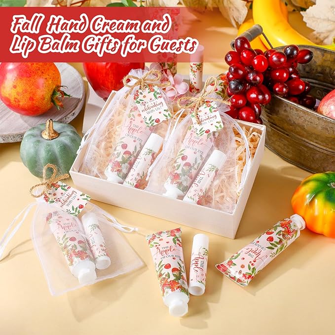 24 Sets Apple of Our Eye Theme Baby Shower Hand Cream and Lip Balm Gift Fall Apple Baby Shower Party Favors Travel Size Hand Lotion and Lip Balm Bulk with Organza Bags Tags Party Supplies for Guest