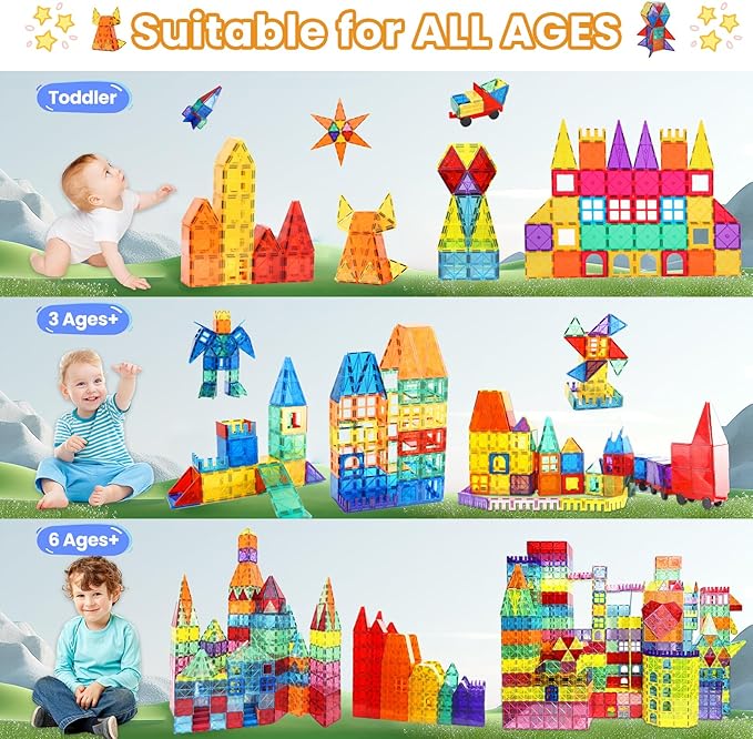 Magnetic Tiles - 130PCS Magnetic Blocks for Kids, Magnet Tiles Building Blocks Set with 2 Cars, Construction STEM Magnet Toys Gift for Kids, Boys and Girls 3 4 5 6 7 8+ Year Old