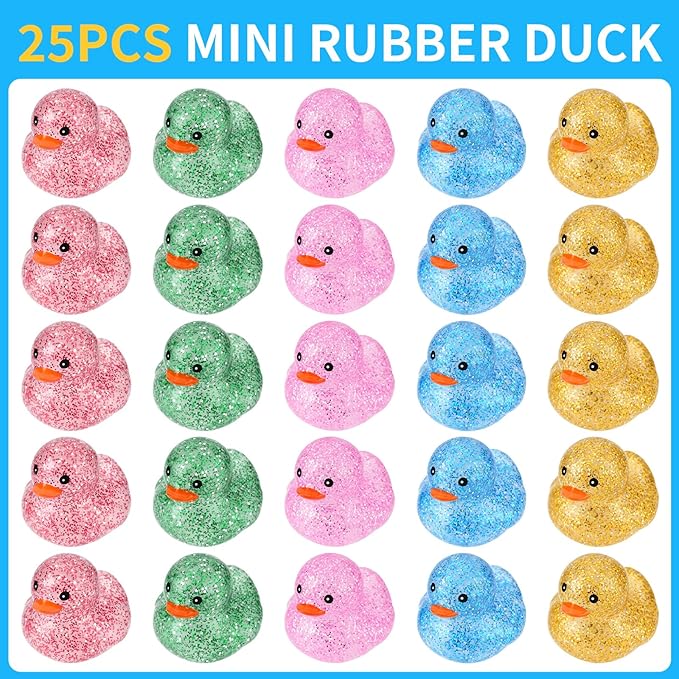 25Pcs Mini Glitter Rubber Ducks Bath Toys, Bathtub Floating Squeaky Duck Bulk Baby Preschool Bath Toy for Baby Shower Infants Kids Toddler Birthday Party Decoration Gift (Large)