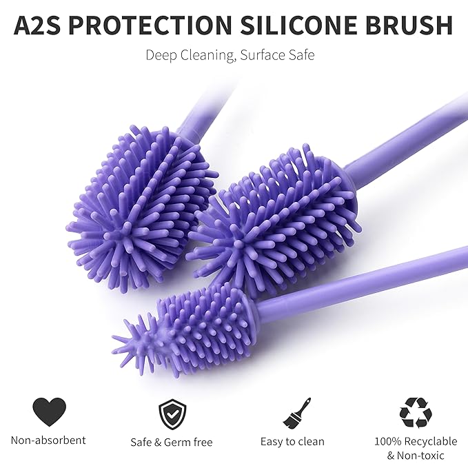 A-Brush Silicone Bottle Cleaner Brush, 3 Piece Set, Flexible, Long Handle - Water Bottle Cleaner, Baby Bottle Nipple Brush for Plastic & Glass, BPA-Free Dish Washing Brush A2S Protection