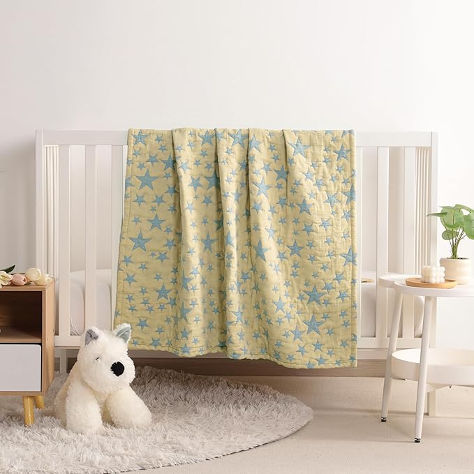 NTBAY 3 Layer Toddler Blanket, Muslin Cotton Jacquard Bed Blankets, Lightweight Thermal Baby Blanket, Super Soft and Warm Crib Blanket for All Seasons, Decoration Gift, 30"x40", Blue and Yellow Star