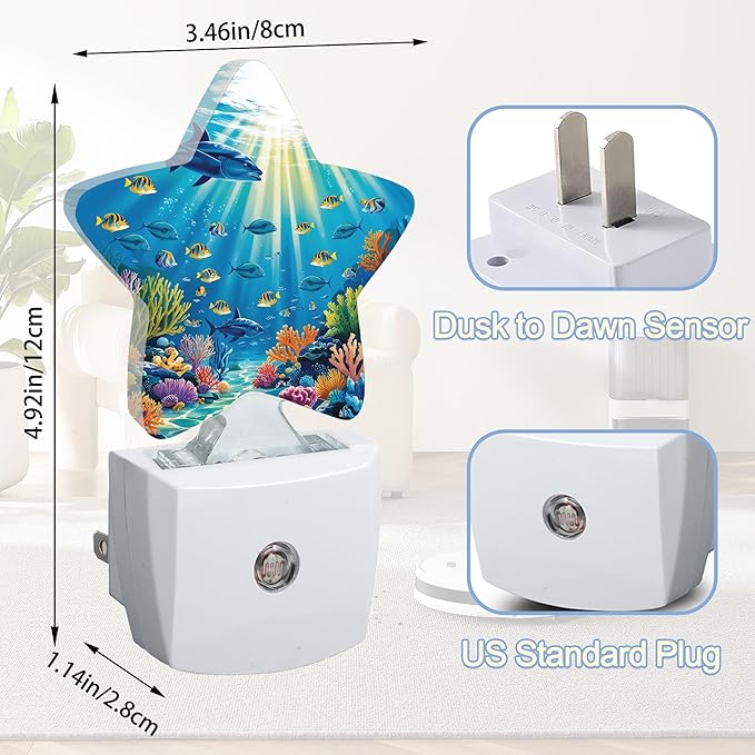 Underwater World Night Light,Sea Ocean Fish Plug-in Star Night Lights with Dusk-to-Dawn Sensor for Bedroom,Bathroom,Living Room Sleep Friendly Lamp for Women Girls Boys Gift,0.5W